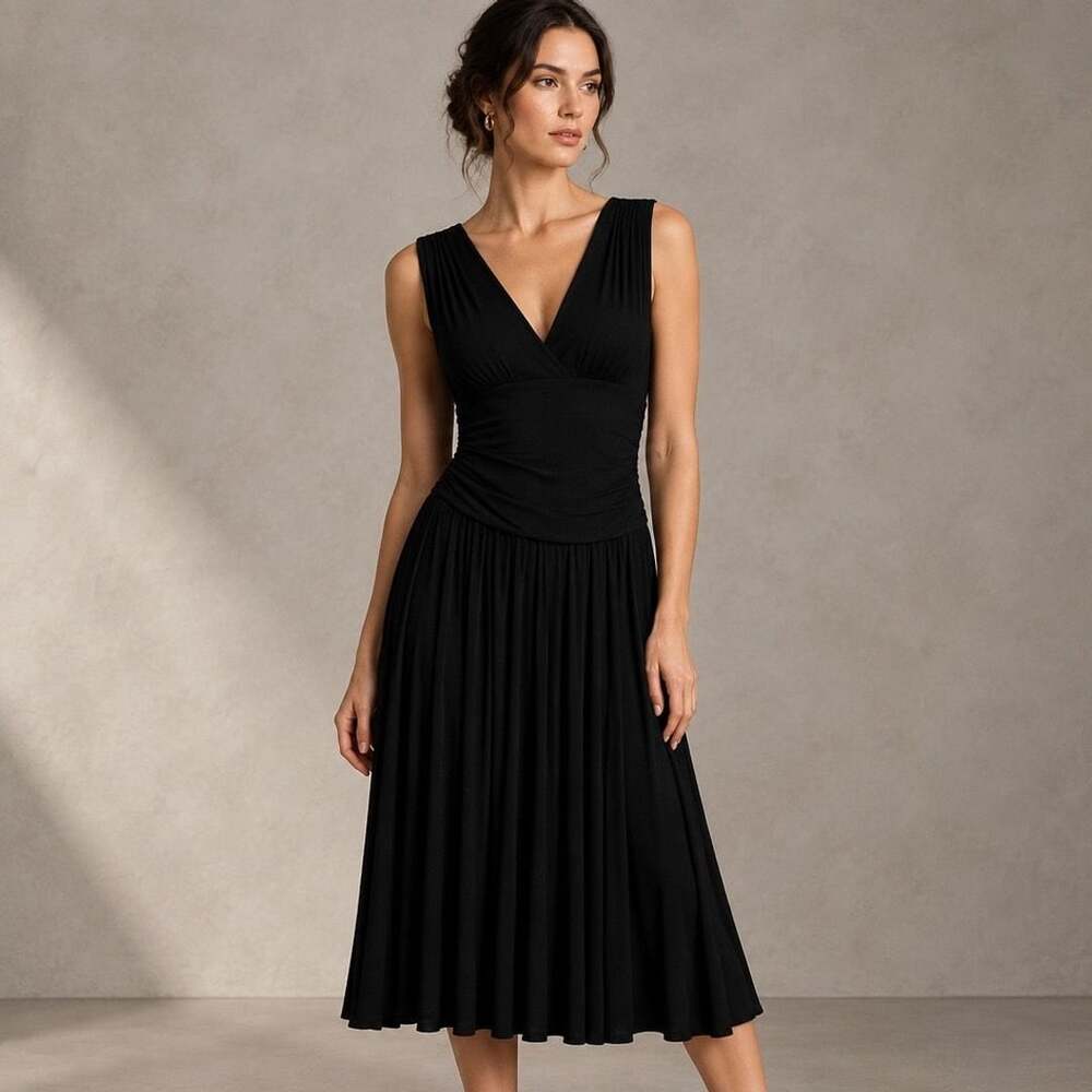 Jessica Howard V-Neck Dress Size 14 Black Ruched Sleeveless Midi